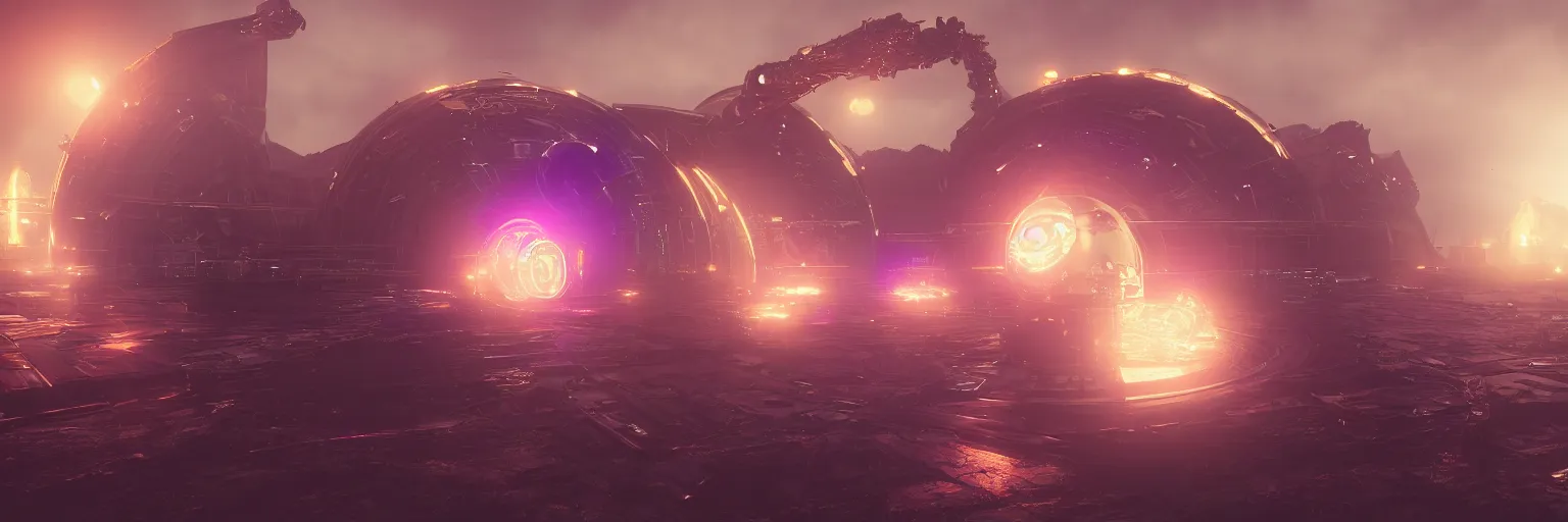 Prompt: high-tech golden sci-fi HUD, 16x9, intricate, unreal engine, 8K ultra detail, physically based rendering, dark purple background, trending on artstation, art by Armored Colony