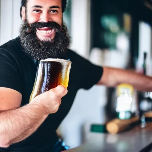 Prompt: a photo of a woman with a beard and moustache. she is smiling and drinking a big german beer.