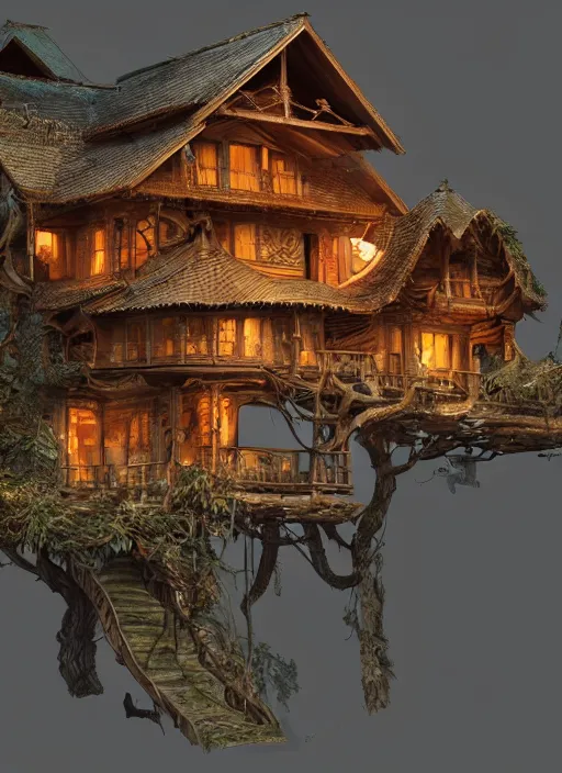 Prompt: a wood carved house on a mystic groove, art style by kim jung gi karl marx greg rutkowski, au naturel, hyper detailed, digital art, trending in artstation, cinematic lighting, studio quality, smooth render, unreal engine 5 rendered, octane rendered