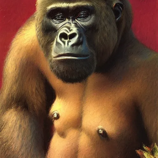 Image similar to highley detailed potrait of a gorilla, painting by gaston bussiere, craig mullins, j. c. leyendecker, lights, art by ernst haeckel, john william godward, hammershøi,