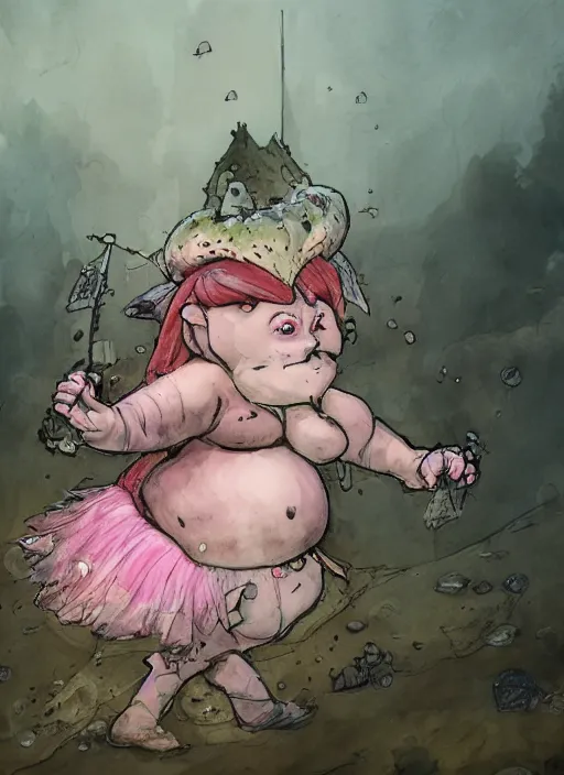 Image similar to A fat goblin princess with a tattered pink tutu, mushroom umbrella, watercolor, dramatic lighting, cinematic, establishing shot, extremely high detail, foto realistic, cinematic lighting, pen and ink, intricate line drawings, by Yoshitaka Amano, Ruan Jia, Kentaro Miura, Artgerm, post processed, concept art, artstation, matte painting, style by eddie mendoza, raphael lacoste, alex ross,