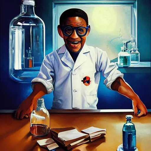 Prompt: steve urkel in the chemistry lab. beautiful painting by artgerm and greg rutkowski and raymond swanland.