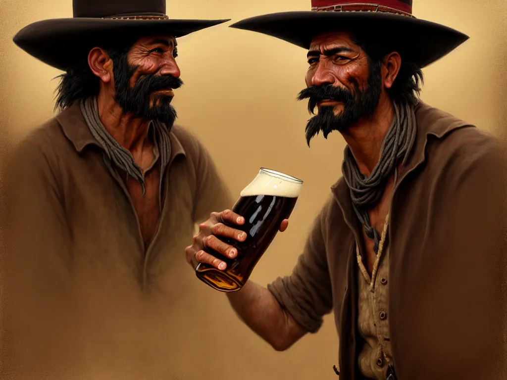 Prompt: juan caloto beer illustration of a mexican man,, with one small, dirt, wild west, with hat, drinking a beer at train station, fantasy, intricate, elegant, highly detailed, digital painting, artstation, concept art, matte, sharp focus, art by aenaluck and roberto ferri and greg rutkowski, epic, missing teeth [