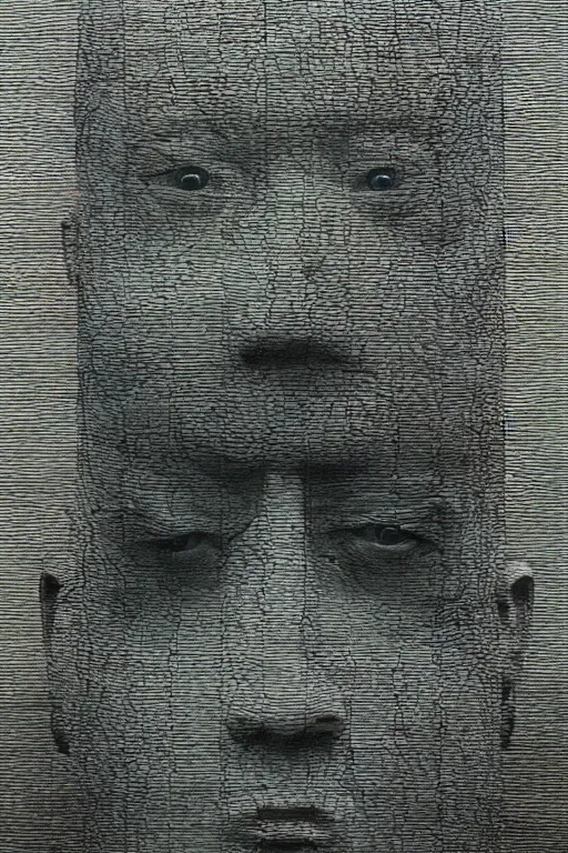 Image similar to ascii art, hyperrealism oil painting, portrait scary ai weiwei style zdzislaw beksinski