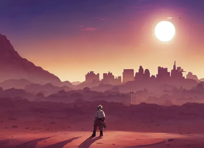 Image similar to cel shading background, science fiction pc game point - and - click adventure, studio ghibli, soldier roaming through desert with city in the skyline, two suns, purple orange colors, sharp focus, illustration, highly detailed, digital painting, concept art, matte, art by wlop and artgerm and greg rutkowski, masterpiece