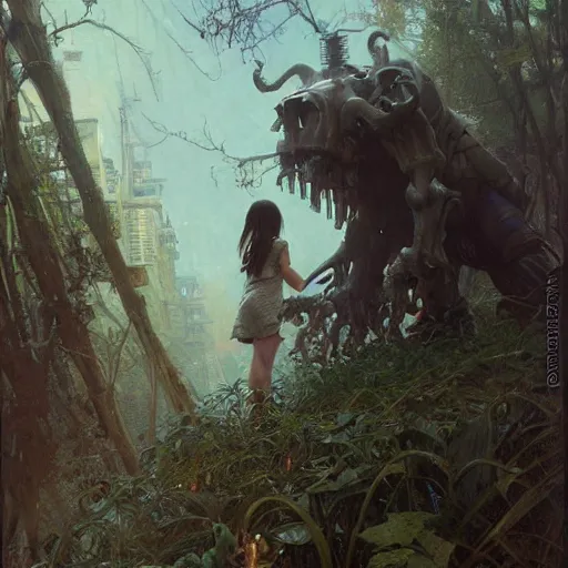 Image similar to an unimaginable artificial horror menacingly looms over a crouched, scared girl by stanley artgerm lau, greg rutkowski, thomas kindkade, alphonse mucha, loish, norman rockwell.