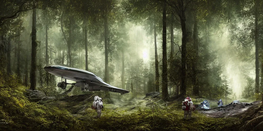 Image similar to an astronaut and a space ship in a forest, a detailed matte painting by frieke janssens, featured on cgsociety, space art, matte painting, matte drawing