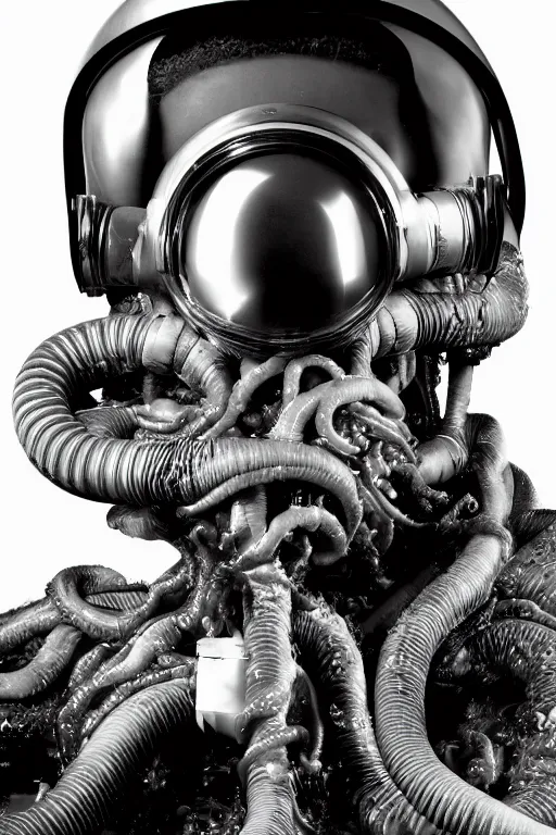 Image similar to extremely detailed studio portrait of space astronaut, alien tentacle protruding from eyes and mouth, slimy tentacle breaking through helmet visor, shattered visor, full body, soft light, plain studio background, disturbing, shocking realization, award winning photo by yousuf karsh