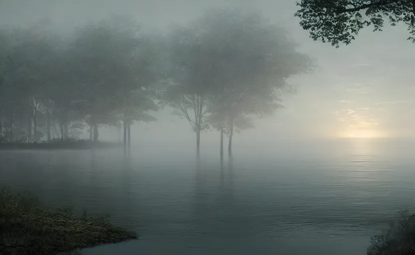 Image similar to a strange lake directed by charlie kaufman ( 2 0 0 1 ) anamorphic lenses, foggy volumetric light, cinematic trending on artstation in the style of greg rutkowski