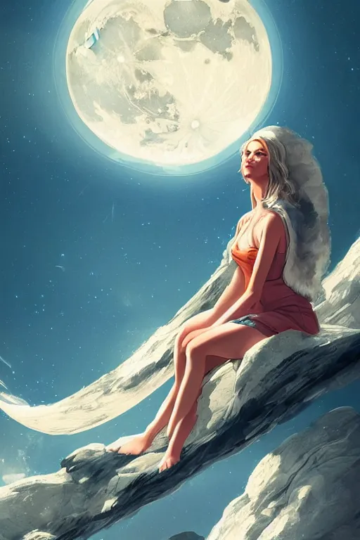 Image similar to Beautiful Woman sitting on the moon with a view of the earth in the background, digital painting, highly detailed, artstation, concept art, smooth, sharp focus, illustration.