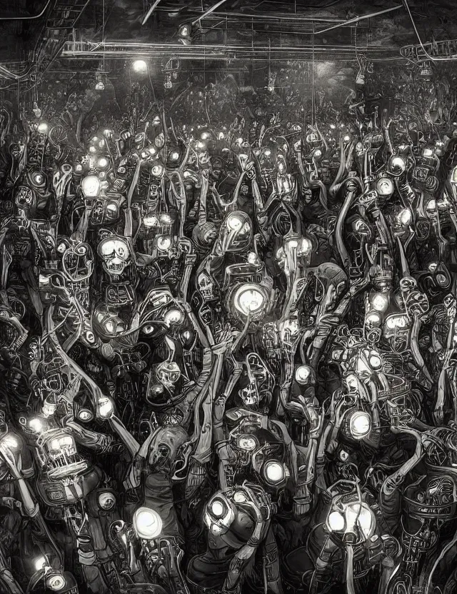 Prompt: “Large crowd of people dancing wildly in a room full of electronic steampunk equipment with lots of electric wires and large loudspeakers and audio meters. Skeleton DJ is playing records on the podium. Artstation. Bright spotlights and strobo lights. Dark, highly detailed. In a style of Mike Savad.”