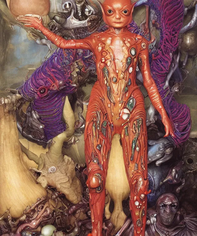 Prompt: a portrait photograph of a mutated alien super villian with slimy skin and wings. she looks like sadie sink and is trying on a colorful infected bulbous shiny organic catsuit. by donato giancola, hans holbein, walton ford, gaston bussiere, peter mohrbacher and brian froud. 8 k, cgsociety, fashion editorial