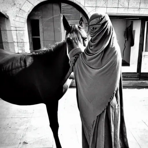 Prompt: burqa's woman, ride horse, taliban, riffle on chest, dust, cinematic, beautiful, dynamic pose, random content position, pinterest