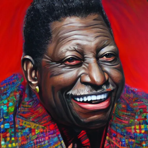 Prompt: portrait of bb king, joyful, highly detailed painting by stephen bliss, boxart, 8 k