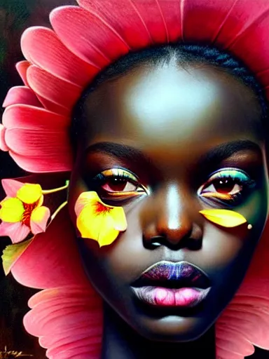 Image similar to portrait of duckie thot with a floral background : : painted by artgerm, karol bak, artur bordalo, sandra chevrier : : portrait, character, illustration, hyperrealism, photorealism