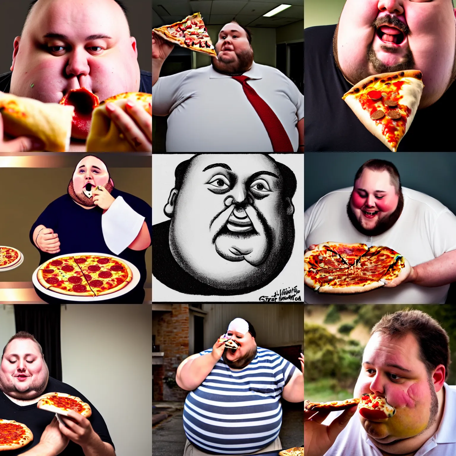 Prompt: a fat man smears pizza on his face.