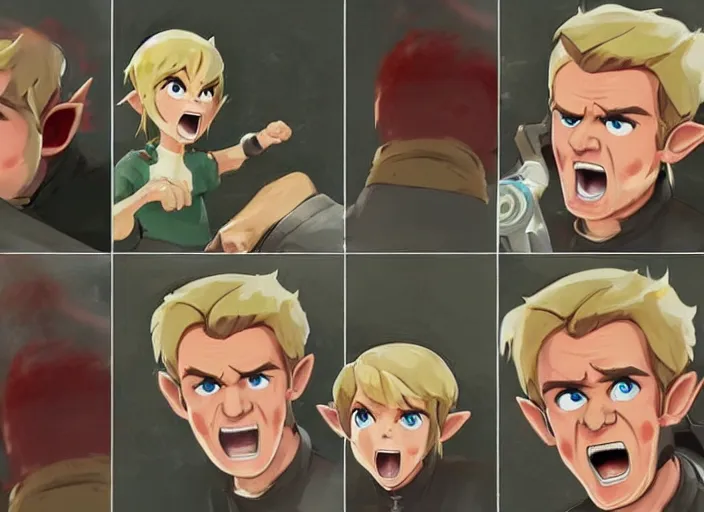 Prompt: gordon ramsey yelling screaming at link with a scared expression from zelda for cooking burnt food in the style of breath of the wild, artstation, krenz cushart, makoto shinkai