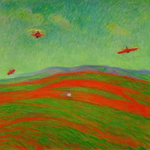 Prompt: a painting of three small people flying over rolling green hills, far away, inspiring, beautiful, brightly colored, paranormal, in the style of Monet, red and green color scheme, Kanye West Donda Album Cover