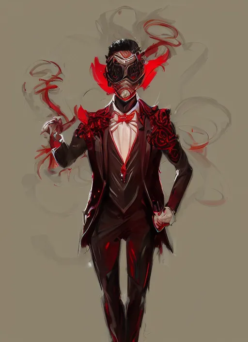 Prompt: a highly detailed illustration of short wavy haired man wearing masquerade and red and black suit, dramatic standing pose, intricate, elegant, highly detailed, centered, digital painting, artstation, concept art, smooth, sharp focus, league of legends concept art, wlop