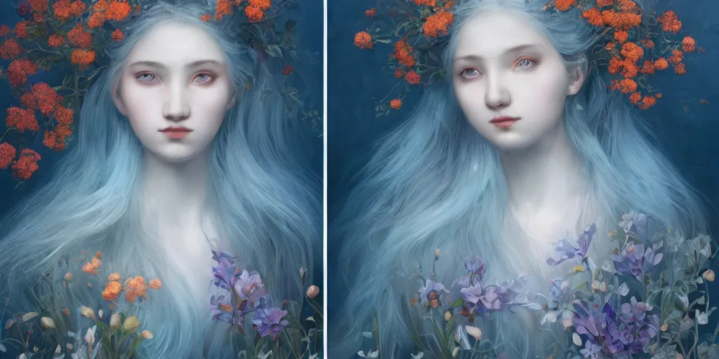 Image similar to breathtaking detailed concept art painting portrait of two hugs goddess of light blue flowers, carroty hair, orthodox saint, with anxious piercing eyes, ornate background, amalgamation of leaves and flowers, by hsiao - ron cheng, extremely moody lighting, 8 k