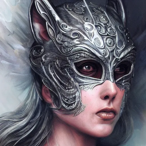 Prompt: Very very very very highly detailed epic photo of face with wolf venetian mask, intricate, dystopian, sci-fi, extremely detailed, digital painting, artstation, concept art, smooth, sharp focus, illustration, intimidating lighting, incredible art by Artgerm and Brom and Vincent di Fate