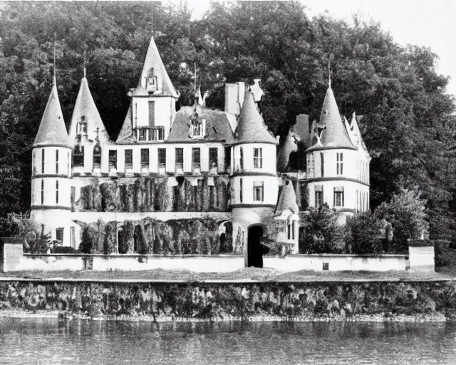 Prompt: old black-and-white photograph of a French castle constructed with lego bricks