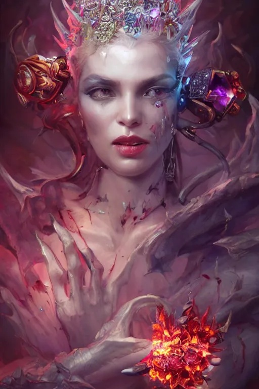 Prompt: beautiful demon model wearing crystal crown full of jewels and blood electricity, warhammer, cyberpunk, 3 d render, hyper realistic detailed portrait, holding fire flowers, scifi, fantasy, hyper detailed, octane render, concept art, peter mohrbacher, artgerm, ruan jia, wlop