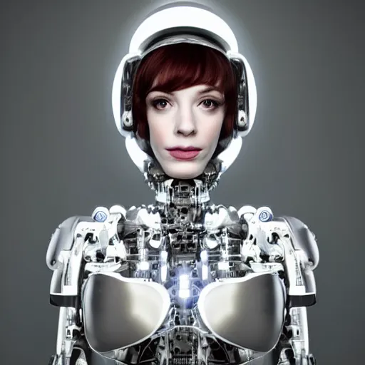 Image similar to beautiful centered Fine art photo portrait of entranced young Christina Hendricks as a solarpunk robotic humanoid, white mechanical parts with led lights, photorealistic, white background, highly detailed and intricate, sunset lighting, HDR 8k