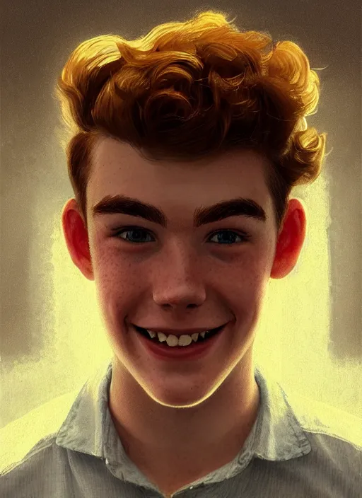 Image similar to portrait of teenage archie andrews, freckles, curly middle part haircut, curly hair, smiling kindly, friendly, 1 9 5 0 s, intricate, elegant, glowing lights, highly detailed, digital painting, artstation, concept art, smooth, sharp focus, illustration, art by wlop, mars ravelo and greg rutkowski