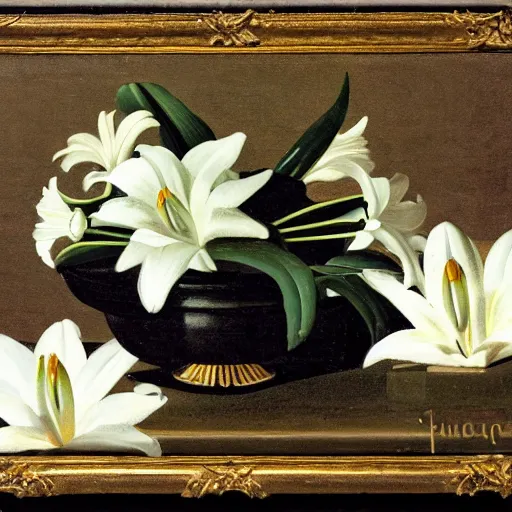 Image similar to a still life painting of a skill with diamonds in its eyes surrounded by white lilies all in front of a dark shadowy background by francisco de zurbaran