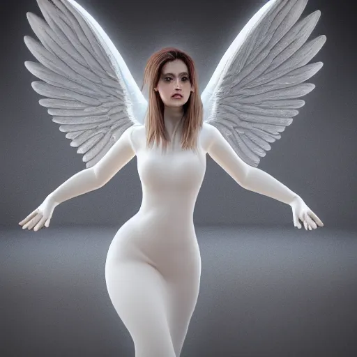 Image similar to a beautiful woman with angel wings a cloudy background, 3 d render octane, trending on artstation