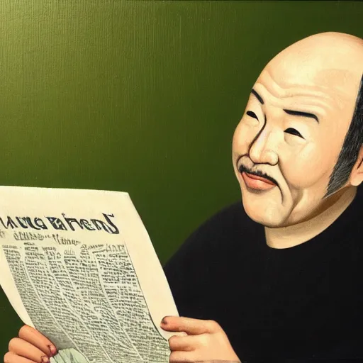 Image similar to painting of a japanese balding man with gray hair, holding a newspaper and looking up at his room with green hue