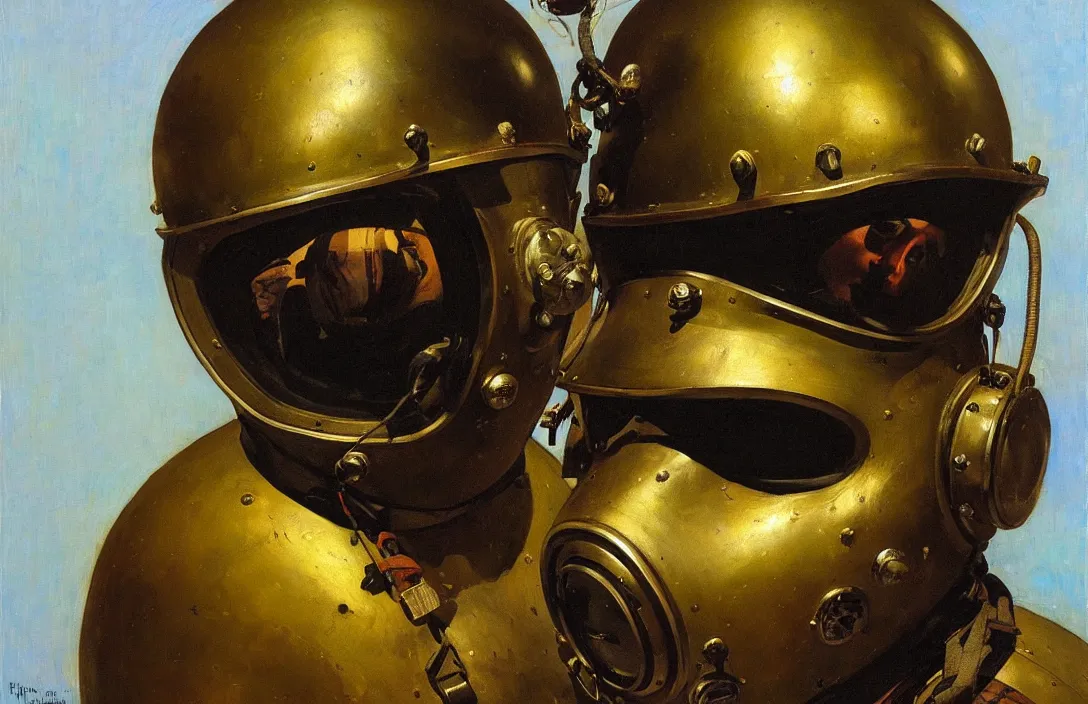 Prompt: portrait of deep sea diver helmet, the notorious b. i. g.!!!!!!!!!!!!!!!!!!!!!!!!!!!, detailed face, detailed painting, epic lighting, by ilya repin, phil hale and kent williams