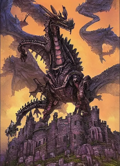 Image similar to intricate fantasy comic book drawing of a ( giant mechanical dragon ) over a ( stronghold castle ) by dariusz zawadski and simon stalenhag, simon bisley!, jack kirby!!! and gris grimly, cinematic, epic, awesome color palette