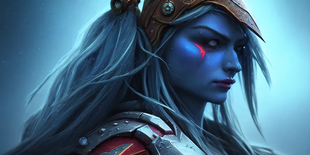 Image similar to hyperrealist distant portrait of sylvanas windrunner on a blue planet spectrum rain. by bayard wu, fantasy, spectrum photorealistic, octane render, unreal engine, dynamic lighting, trending on artstation, poster, volumetric lighting, very detailed faces, 4 k, award winning