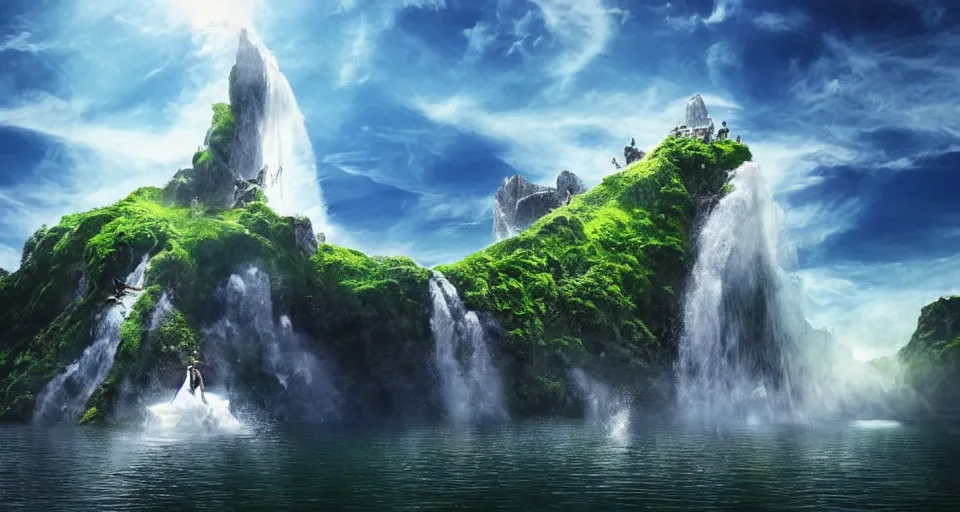 Image similar to A magnificent floating island in the sky above the sea, defying gravity, floating and flying island, waterfall, epic lighting, epic composition, highly detailed