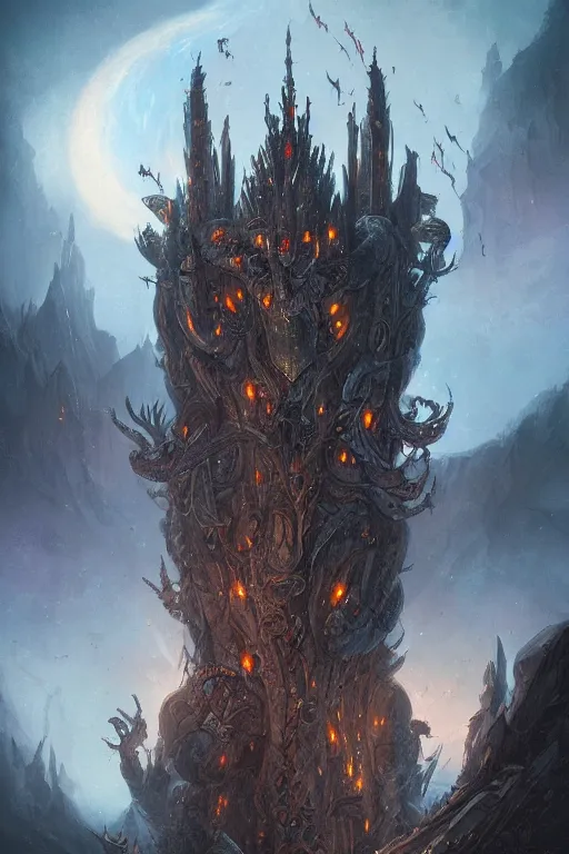 Prompt: !dream Detailed Exterior Shot of Dragon head Tower of Alexandria, light of sorrow, moonlight shafts, swarm of bats, dim atmosphere, in Style of Peter Mohrbacher, cinematic lighting