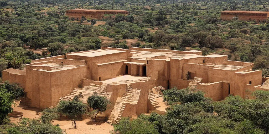 Image similar to ashanti rammed earth palace, 1 8 7 4, the palace is located atop a hill and overlooks a traditional african city, there a lush forest surrounds it