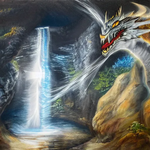 Image similar to oil painting of a dragon flying in the air near a cave with a waterfall in the center, light emanating from the waterfall leading to a big pool of water, dragon has black and white siberian tiger stripes, elegant, sharp focus, wide shot, clear, detailed, early renaissance