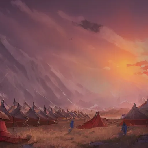 Prompt: Medieval Mongolian army camp at dawn before battle As featured on Artstation By Randy Vargas