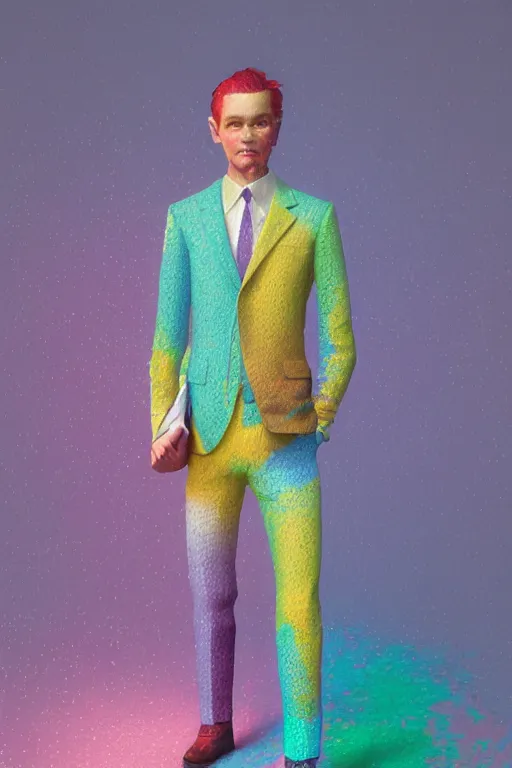 Prompt: a scene with a character wearing a super colorful muted color diy! suit, by vivienne westwood!, detailed photoreal render octane render, pointillism, oil on canvas