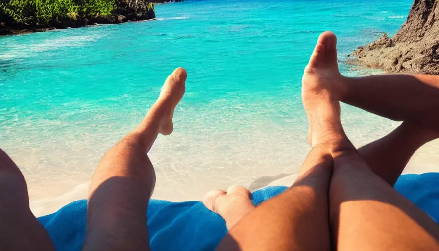 Image similar to first person view from a man lounging on a beautiful tropical beach with a stunning turquoise ocean in the background. his legs stretch out in front of the camera, photorealistic