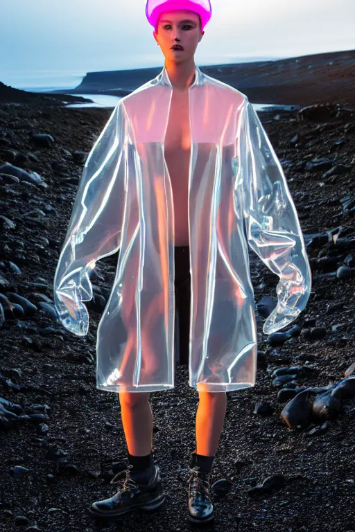 Image similar to an ultra high definition professional high fashion portrait studio full length photograph of a model wearing a transparent pearlescent raincoat and neon visor in an icelandic black rock environment at dawn. no artefacts. extremely detailed. stark. refraction. shallow depth of field. volumetric light and shadow. ray tracing. light rays.