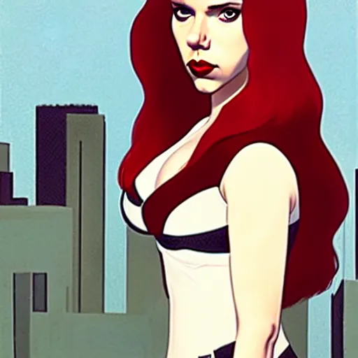 Image similar to phil noto, pretty scarlett johansson black widow, symmetrical eyes, long red hair, full body, city rooftop