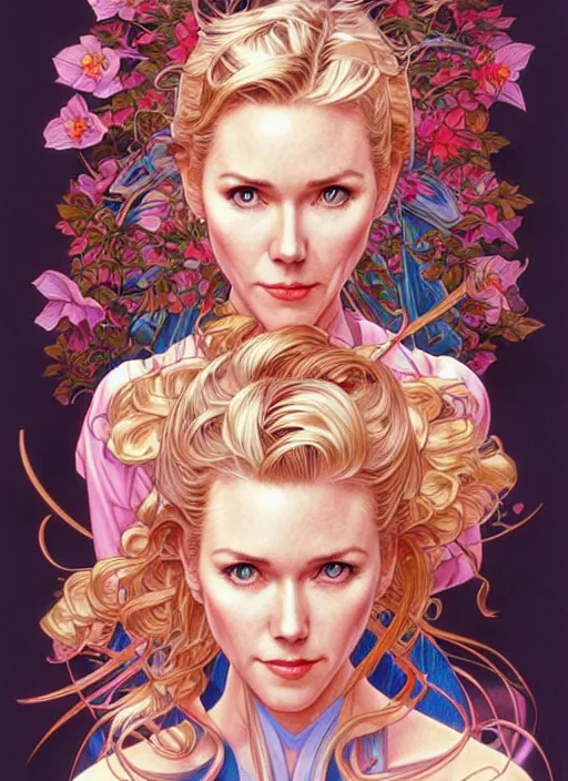 Image similar to early 9 0 s naomi watts, beautiful shadowing, 3 d shadowing, reflective surfaces, illustrated completely, 8 k beautifully detailed pencil illustration, extremely hyper - detailed pencil illustration, intricate, epic composition, very very kawaii, masterpiece, bold complimentary colors. stunning masterfully illustrated by artgerm, range murata, alphonse mucha.