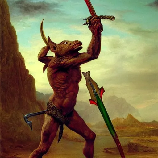 Image similar to matte painting, realistic art, dog - faced muscular goblin, ugly face, lizard tail, holding scimitar made of bone, scimitar, sword, jagged sword, curved sword, orkish sword, colorized, green skin, red sky, wasteland, hyper - detailed, primeval fantasy, prehistoric fantasy, art by jacques - louis david