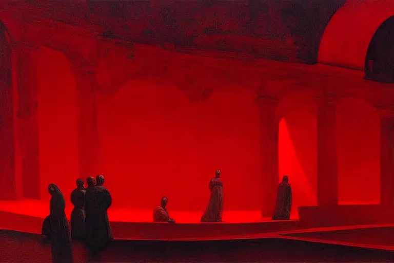 Image similar to only with red, a red great emperor, taormina amphitheatre, expressive crowd hails him, in the style of beksinski, parts by edward hopper, parts by rodcenko, parts by yue minjun, intricate and epic composition, red by caravaggio, insanely quality, highly detailed, masterpiece, red light, artstation, 4 k