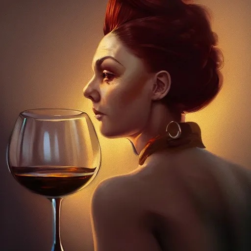 Prompt: an insanely detailed portrait of a beautiful mother sitting next to you on the couch holding a glass of wine, in the style of peter mohrbacher, artgerm, dramatic lighting and composition, octane render, trending on artstation, concept art 8 k