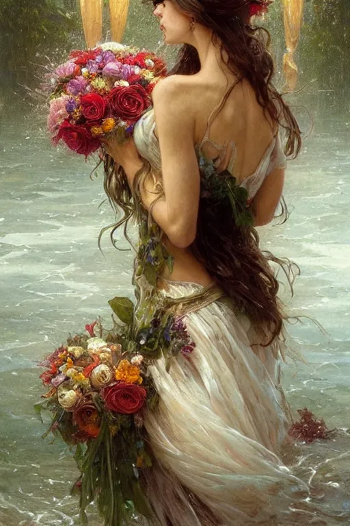 Prompt: portrait of a beautiful mysterious woman holding a large bouquet of flowing flowers, wet dripping long hair, hands hidden under the bouquet, emerging from the water, fantasy, regal, intricate, by stanley artgerm lau, greg rutkowski, thomas kindkade, alphonse mucha, loish, norman rockwell