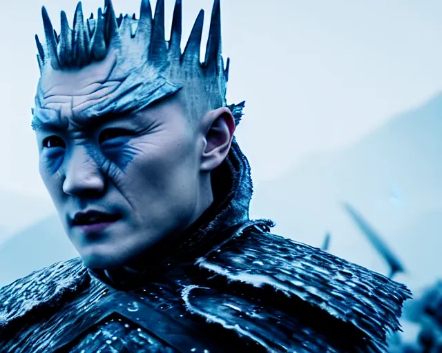Image similar to justin sun as night king in game of thrones inside large clear ice teardrop, crimson - black bee army behind, 4 k, epic, cinematic, focus, movie still, fantasy, extreme detail, atmospheric, dark colour, sharp focus